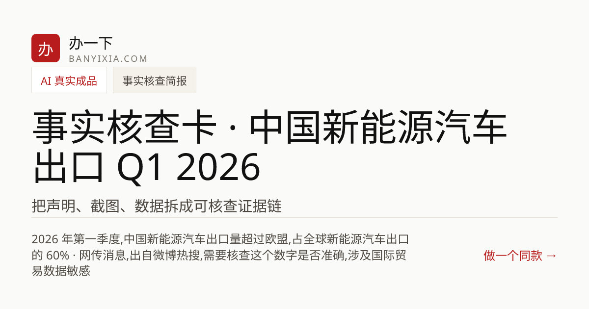 事实核查卡 · 中国新能源汽车出口 Q1 2026 成品封面